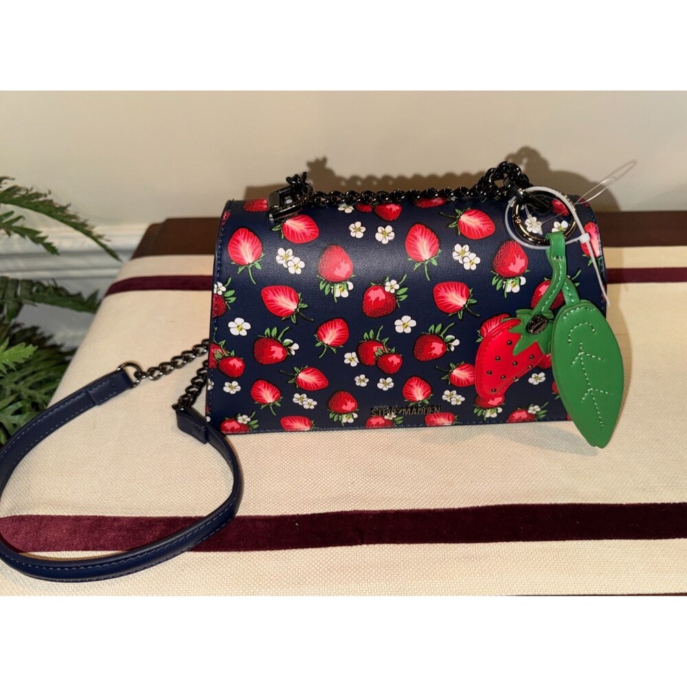 Steve Madden Navy Blue Strawberry & Floral Print Chain Shoulder Bag